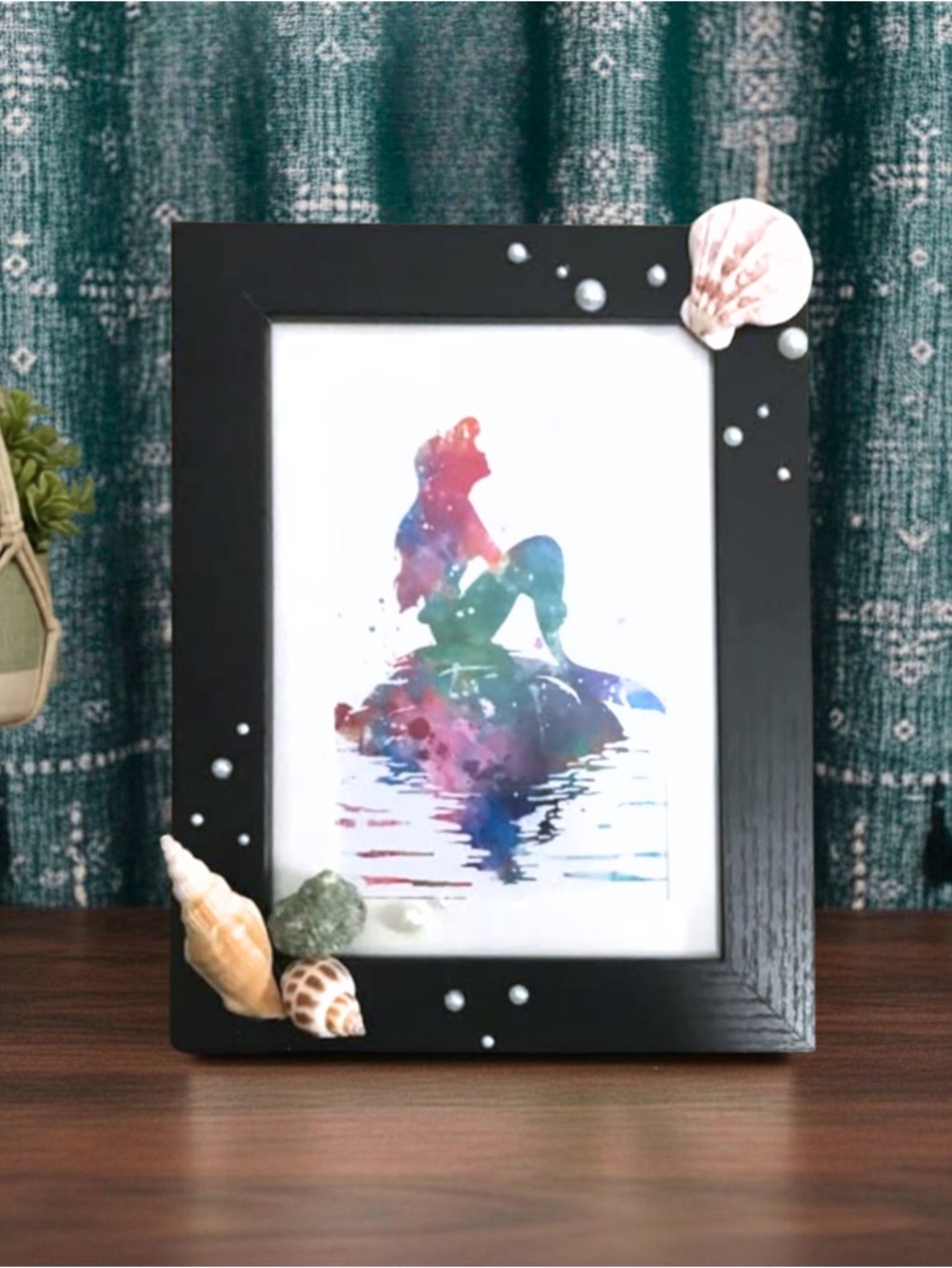 New Watercolor Little Mermaid Printed on Canvas in Black Wood Frame